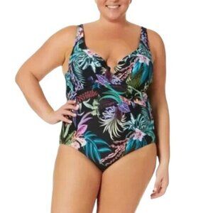 Plus Size Terra & Sky Black Floral Cupped V-Neck Swimsuit Size 2X EUC #2443